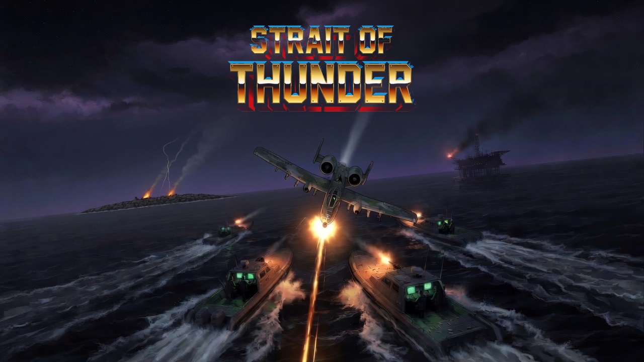 Strait of Thunder key art — A-10C Warthog strafing boats at night